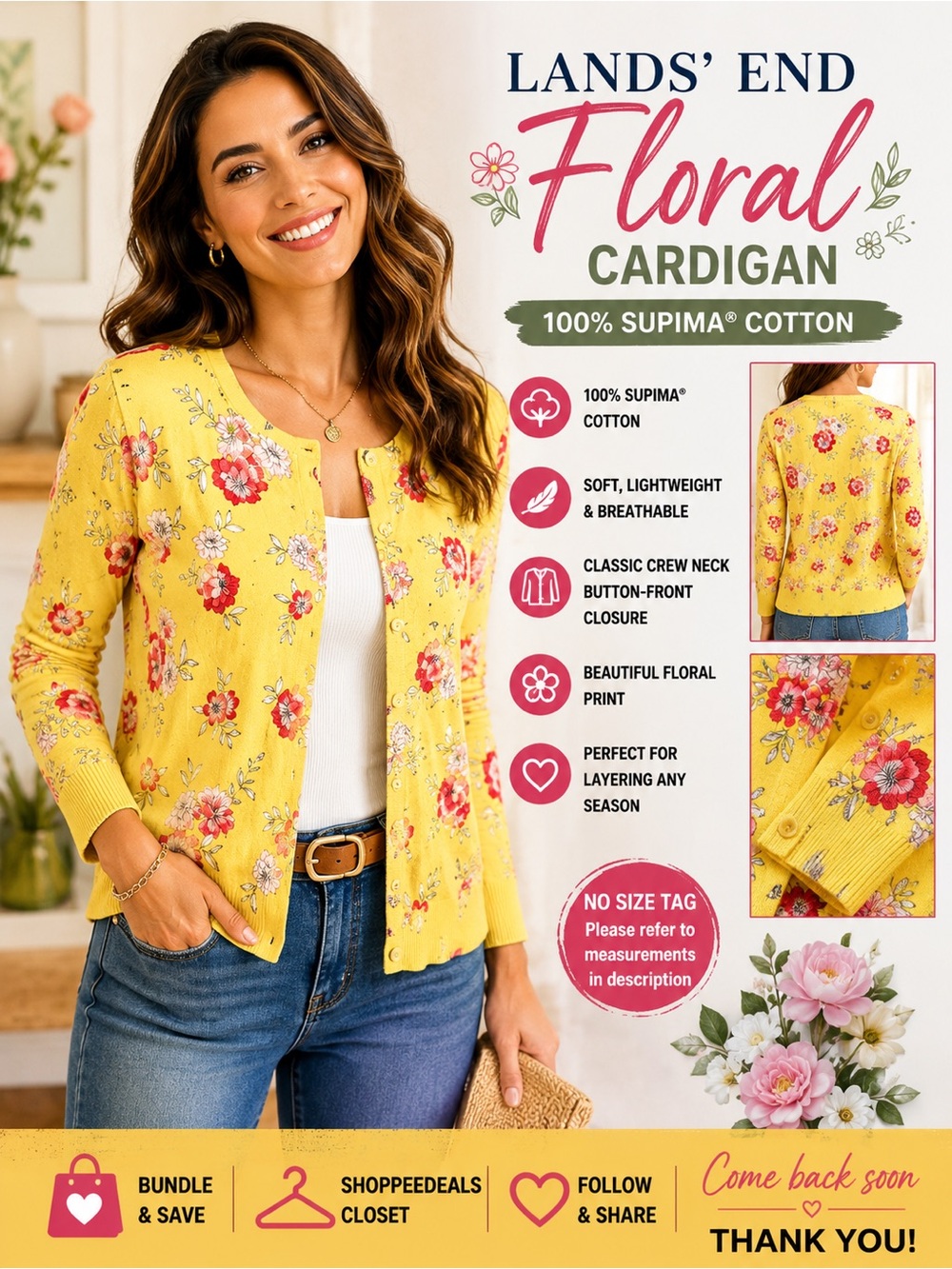 Lands’ End Floral Supima Cotton Cardigan Sweater – Yellow Floral –